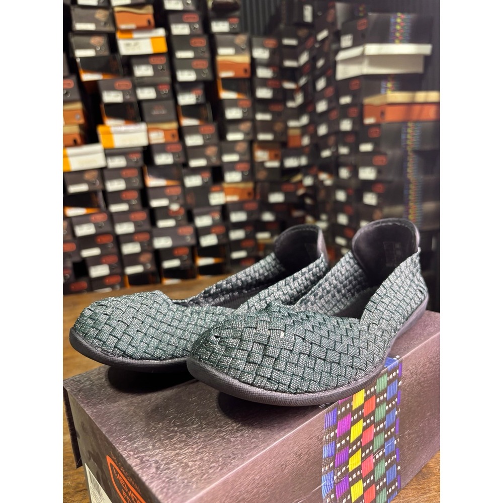 Bernie Mev Catwalk Deep Green Shimmer Woven Flats Size 38 US 7.5-8